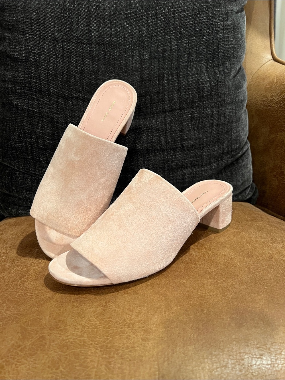 Mansur Gavriel Blush Suede Open-Toe Block Heel Mules